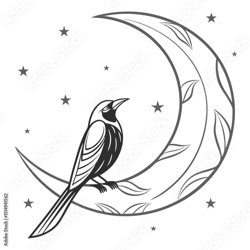 Ornate bird perched on crescent moon with stars