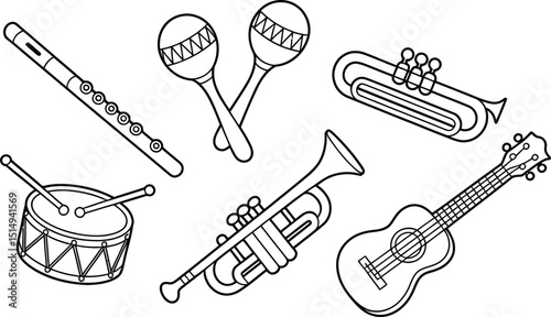 Musical instruments line art illustration for coloring pages or educational purposes