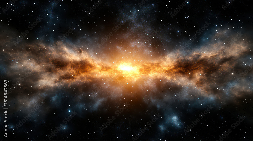 Fototapeta premium Bright cosmic explosion in deep space with swirling clouds and stars