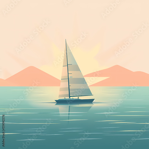 Serene Sunset Sailboat A Peaceful Ocean Escape at Dusk, Minimalist Sailboat Illustration