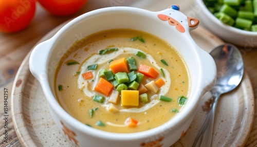 a close up of a creamy vegetable soup for babies, served in a cute animal themed bowl.