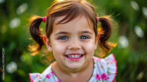 Close-Up of a Smiling Little Girl with Pigtails in a Floral Dress, Laughing in a Green Meadow on a Sunny Day – Capturing Vibrant and Joyful Childhood Moments