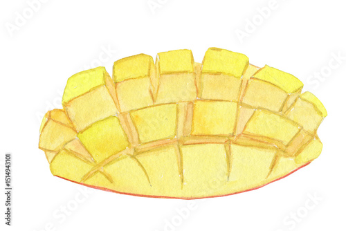 Watercolor illustration of sliced mango with juicy yellow flesh. Perfect for tropical prints, summer menus, and healthy food designs.