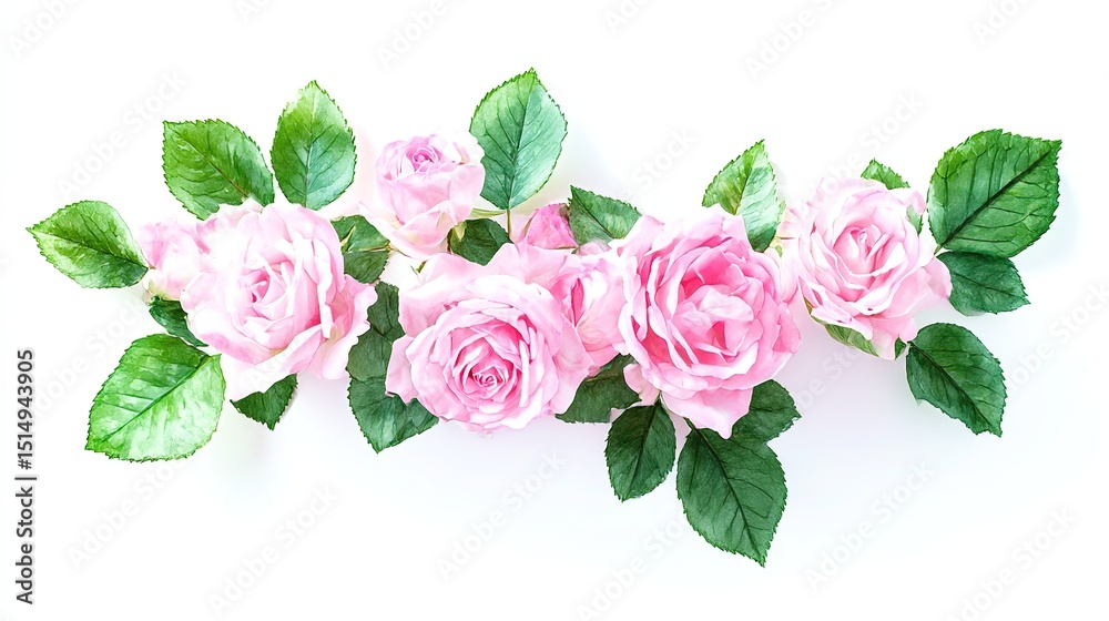 Fototapeta premium Pink roses with green leaves in watercolor style, symbolizing natural beauty and delicate elegance. 
