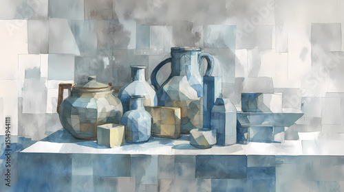 museum catalog background | material transformation | analytic observation | natural blues and greys | central massing | ceramic jugs | modulated brushstrokes | geometric simplification | atelier