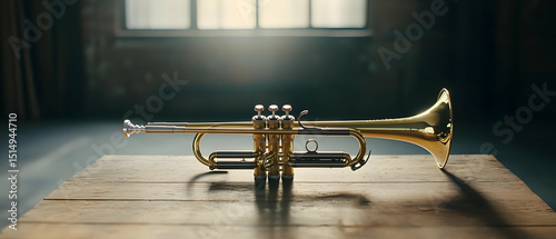 Golden Trumpet On Wooden Table In Dark Room