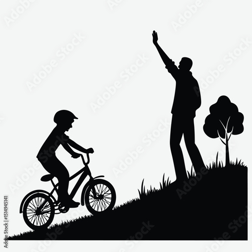Father guiding son learning to ride a bike on a path in silhouette image vector art and illustration	