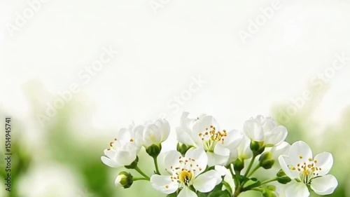 Seamless looping 4K animation with a white background featuring softly blurred flowers and light bokeh effect. Virtual overlay of abstract floral shapes gently floating and blooming, conveying a sense