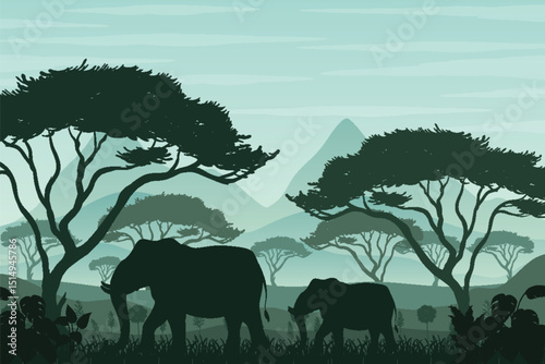 Elephants in African Savannah at Sunrise – Wildlife Landscape Illustration