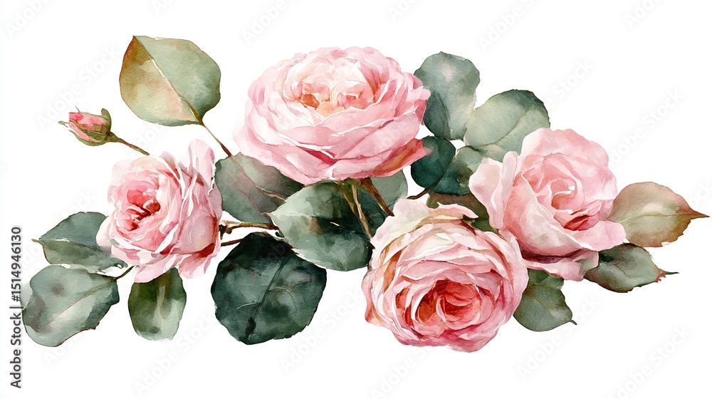 Naklejka premium Pink roses with green leaves in watercolor style, symbolizing natural beauty and delicate elegance. 