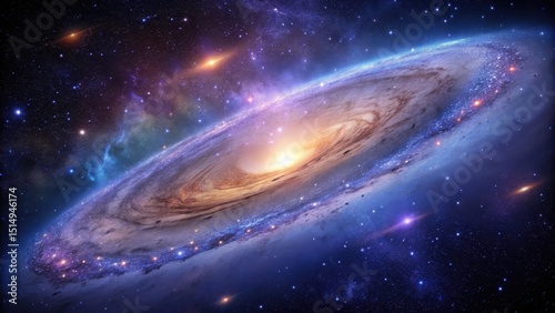 A serene Andromeda Galaxy glowing with soft purple and blue hues against a dark starry night sky