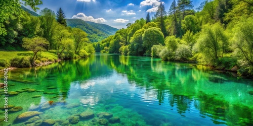 Serene green waters of Mreznica river in Belavici village, Croatia, surrounded by lush trees and serene nature, beautiful rivers, croatian landscapes