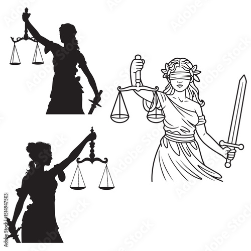 Blindfolded Lady Justice with Scales and Sword Illustration, Lady Justice Illustrations Silhouettes and Line Art, Lady Justice Illustrations Silhouette