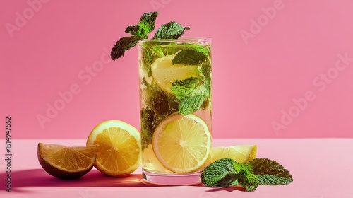 An ultra-realistic photograph of a face-down mojito cocktail with lime and mint leaves in it