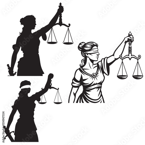 Blindfolded Lady Justice with Scales and Sword Illustration, Lady Justice Illustrations Silhouettes and Line Art, Lady Justice Illustrations Silhouette