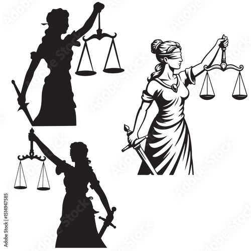 Blindfolded Lady Justice with Scales and Sword Illustration, Lady Justice Illustrations Silhouettes and Line Art, Lady Justice Illustrations Silhouette