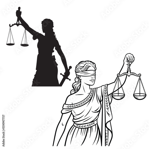 Blindfolded Lady Justice with Scales and Sword Illustration, Lady Justice Illustrations Silhouettes and Line Art, Lady Justice Illustrations Silhouette