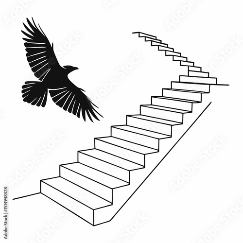 black bird flying above stairs in minimalistic style with copy space