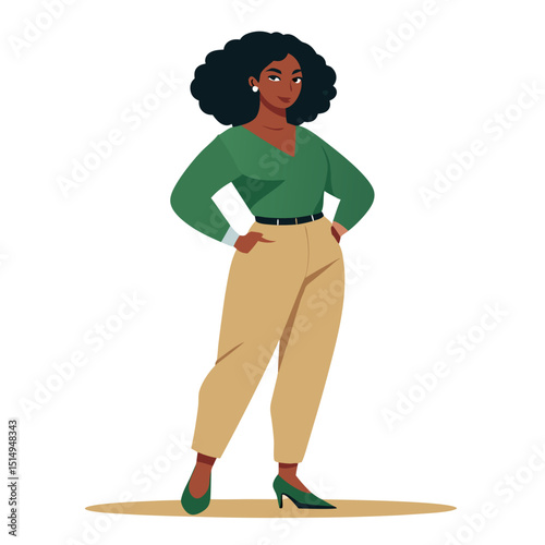 Confident African American Businesswoman Standing with Hands on Hips – Stylish Flat Vector Illustration on Transparent Background