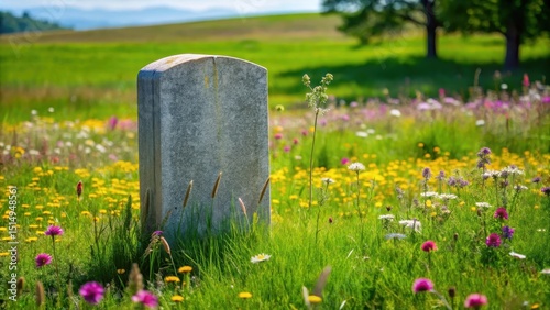 A lone headstone stands alone in a vast expanse of green grass and wildflowers, with a simple stone inscription that reads the name of the deceased , emptiness, solitude