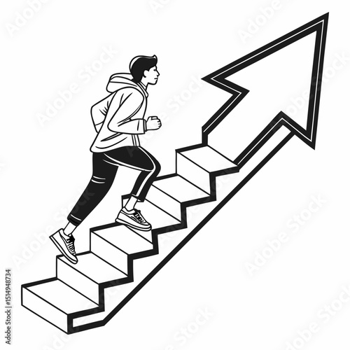 young man running up stairs with arrow in abstract direction and copy space