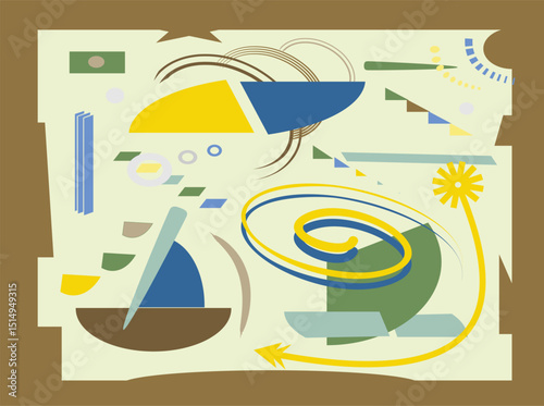 Abstract   background ,fancy  geometric and curved shapes , white  yellow  blue, expressionism art style