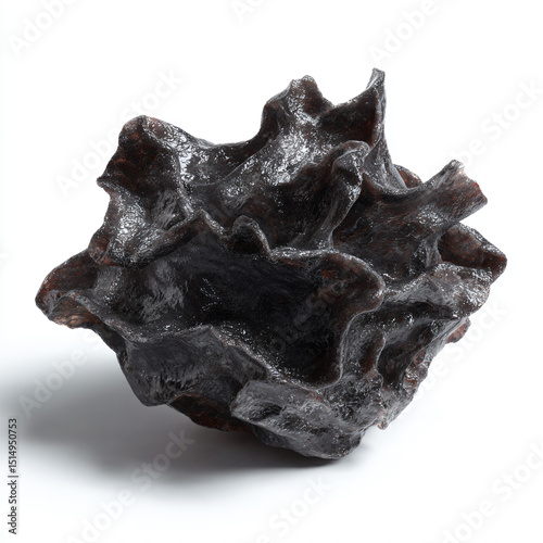 a black sculpture of a leaf on a white surface