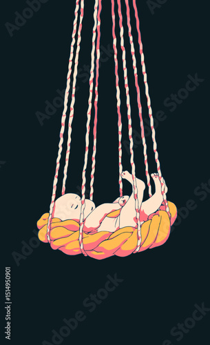Nurturing Serenity: A serene infant cradled gently within a woven cocoon, suspended in peaceful repose, the embodiment of pure tranquility.