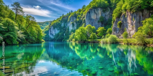 Serene turquoise water reflecting lush greenery and towering limestone cliffs in a stunning Plitvice lake scene, touristic spot , reflective waters