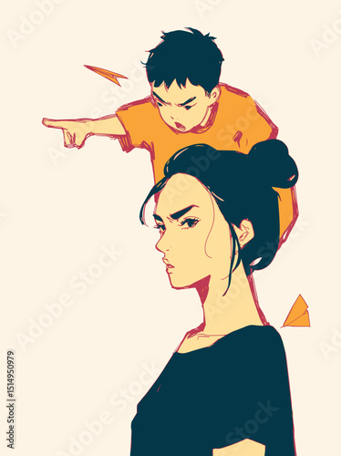 Angry Child and Mother: An illustration of an angry child pointing at his mother, who looks equally upset. The style is bold and graphic, with strong color contrasts and simplified shapes.