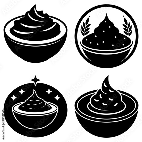 Collection of four black and white stylized dessert bowls with different design elements and toppings