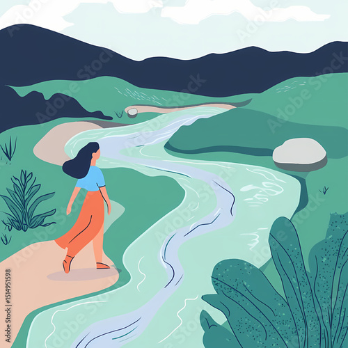 Woman Walking by a Serene River Finding Peace and Tranquility in Nature's Embrace