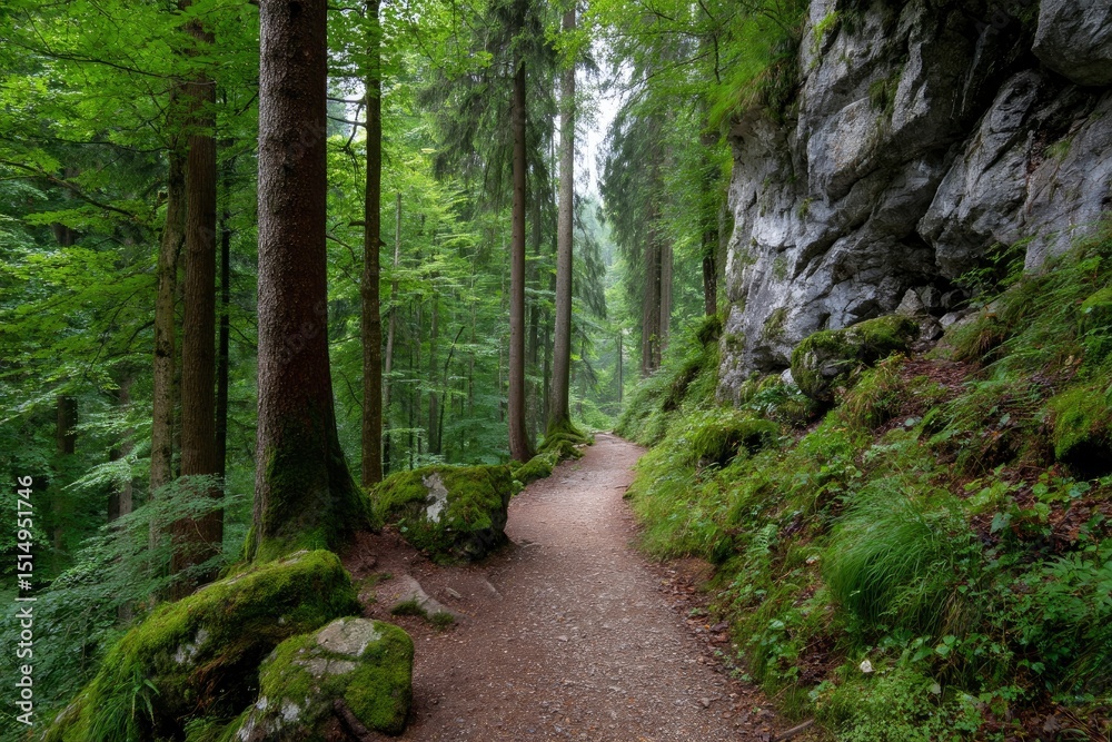 Fototapeta premium A dirt path winds through a lush green forest alongside a rocky cliff face
