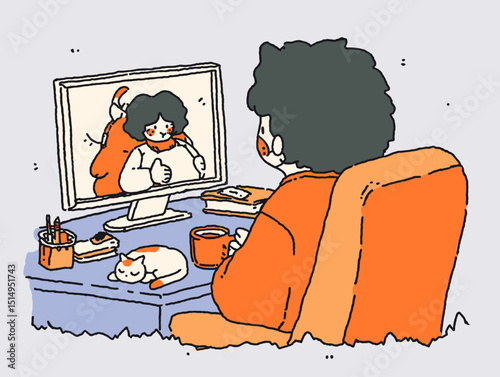 Solitary Digital Moment: A cozy scene unveils a person engrossed in a digital interaction, the warmth of the setting mirrored by a feline companion and everyday desk details.
