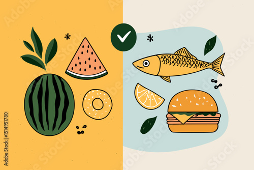 Nutrition and Food: A balanced visual feast showcasing the contrasting elements of healthy food choices in vibrant composition.