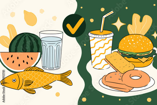 Healthy vs Unhealthy Food: A visually engaging illustration contrasts the vibrancy of health with the tempting allure of indulgence.