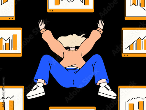 Data overload: An individual is surrounded by monitors, possibly overwhelmed by data, illustrated in a minimalist style, and capturing the essence of modern information overload.