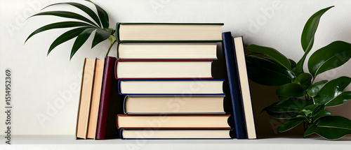 Stacked Books With Plant On Shelf