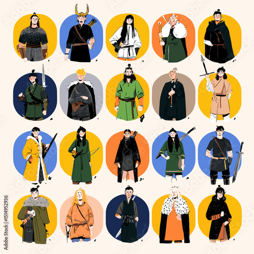 Ancient Portraits: A vibrant collection of historical figures and warriors, each dressed in unique costumes representing a range of different eras, with individual character and stories.