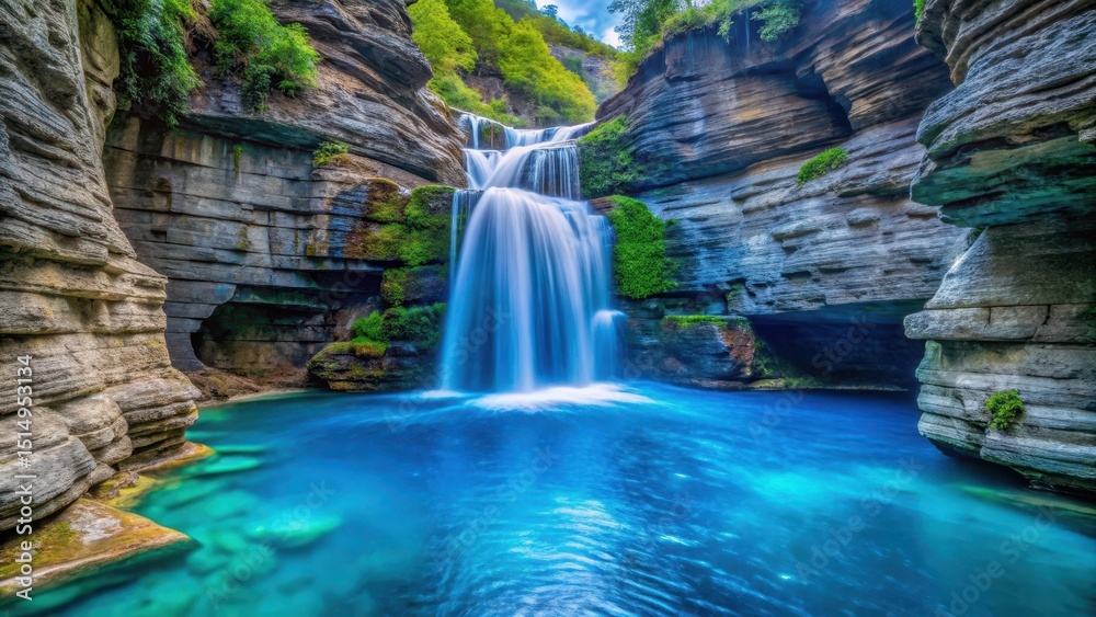 Naklejka premium Beautiful Blue Waterfall Emerging from a Canyon , blue water, flowing water