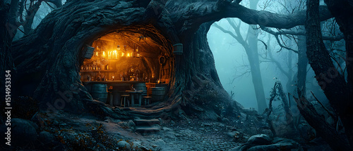 Dark Forest Cave Interior With Warm Light