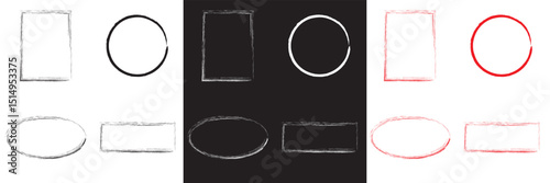 Brush frame rough  box shape set. Text box frame rough grunge style.  paint shape element. Hand drawn texture grunge brush  text border.  Vector illustration. isolated on white and black background. 
