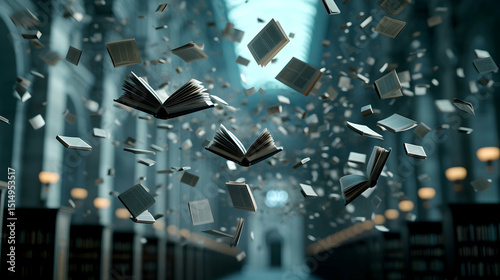 Books Flying In A Pixelated Library