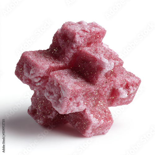 a pile of pink sugared candy sitting on top of a white surface