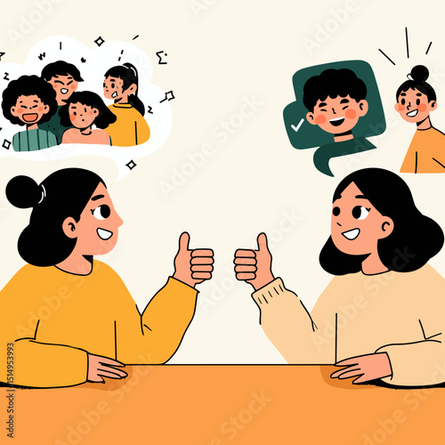 Harmony of Agreement: Two individuals, engaged in a lively conversation, enthusiastically express their mutual agreement with a gesture of a thumbs-up.