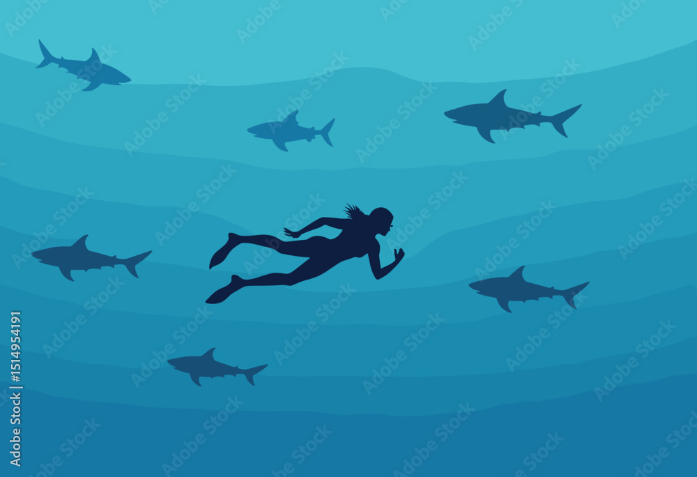Obraz premium Silhouette of a swimmer surrounded by sharks in deep blue ocean, copy space