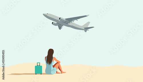 Woman sitting on the beach watching an airplane take off, beside her suitcase, copy space