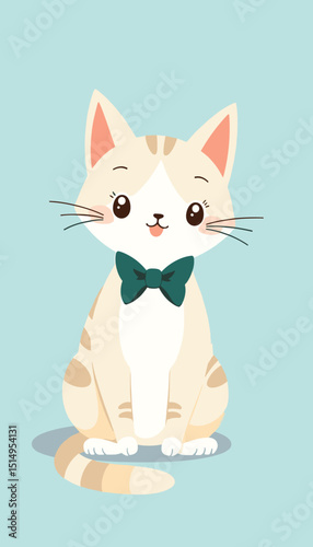 Cute cartoon cat with a green bowtie, smiling happily, copy space