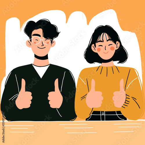 Happy Couple Thumbs Up: A cheerful illustration of a young couple, man and woman, giving thumbs up, expressing positivity and approval.  