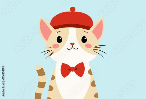 Charming cartoon cat with a red hat and bowtie, looking adorable, copy space